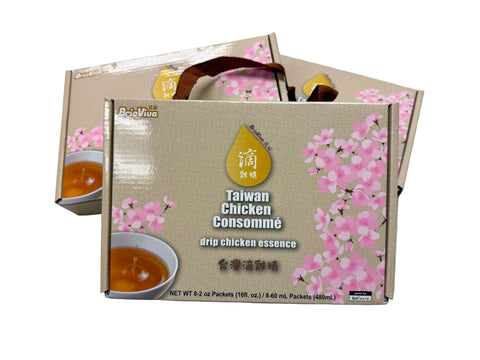 Box of Taiwan Chicken Consomème with cherry blossom design on a gray background